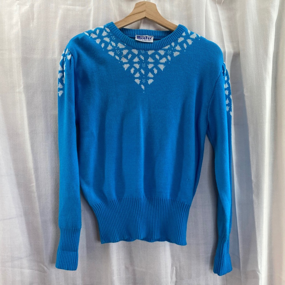 Meister Sweater Womens M Blue‎ White Geometric Knit Pullover 80s 90s Vintage